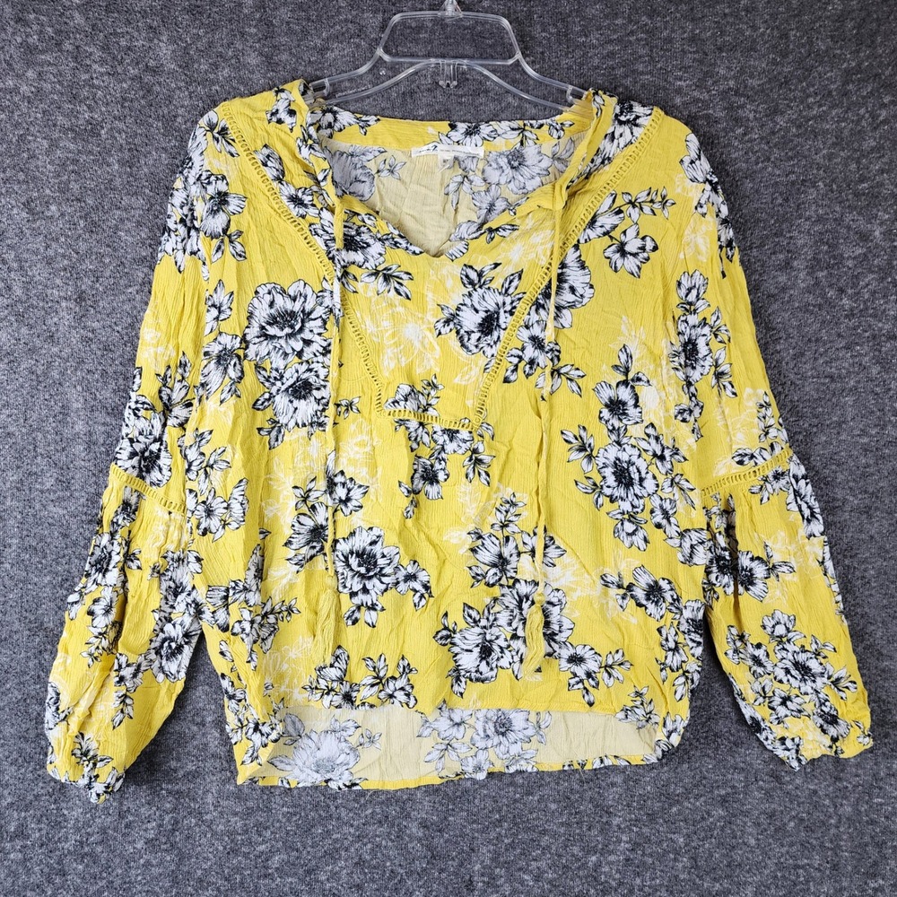 Seven7 Top Womens Medium Floral Yellow Boho Tassel Crochet Trim Blouse EUC